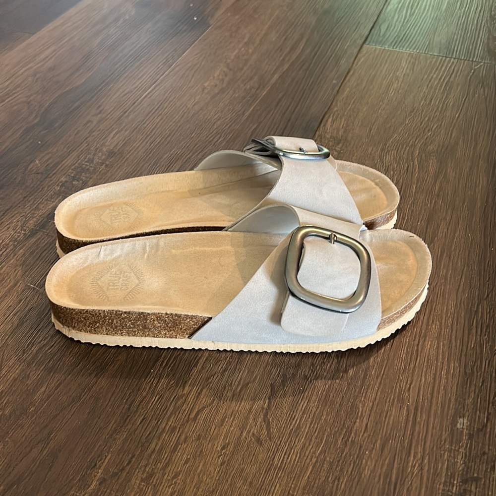 Taupe women one buckle sandals fits size 7.5